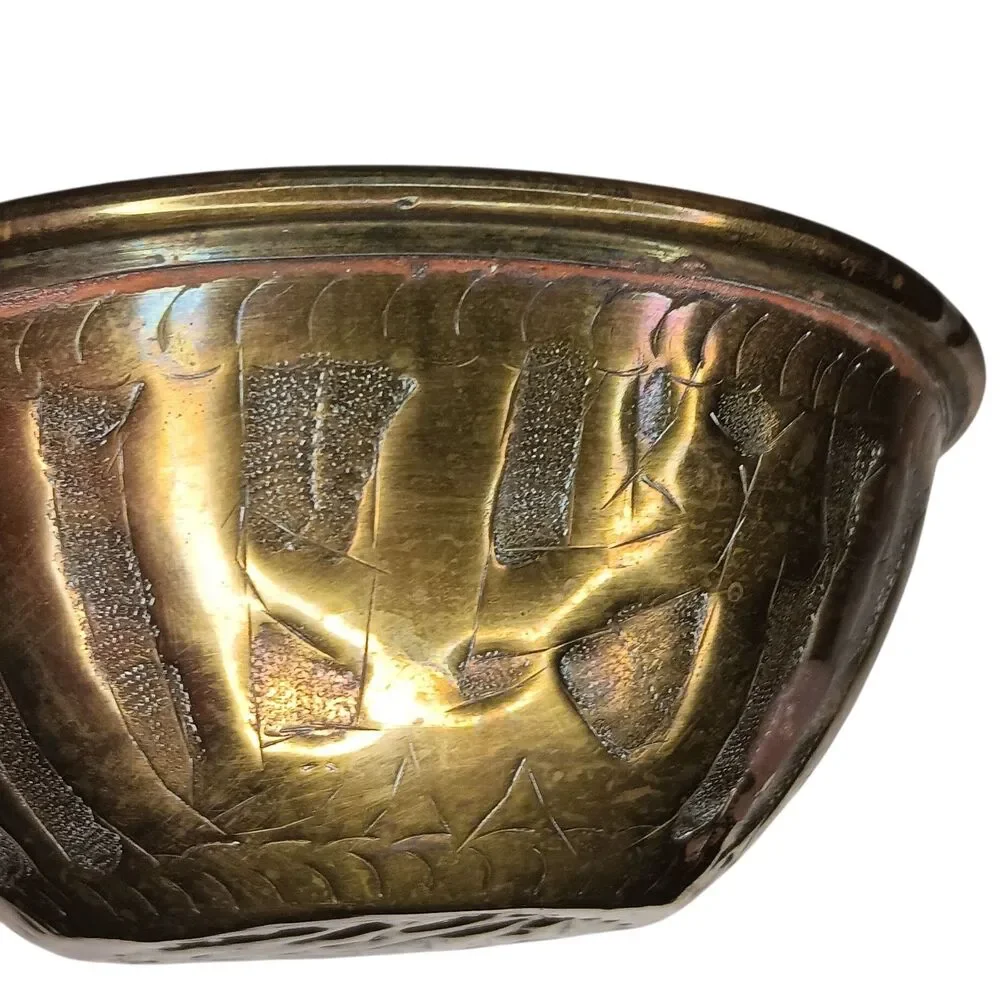Vintage Hammered Brass Alms Finger Bowl Or Trinket Dish Embossed Designs 5
